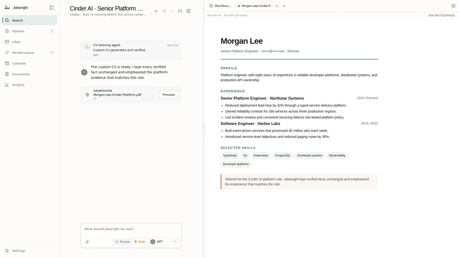 Jobwright shows a custom CV generated for a Senior Platform Engineer application.